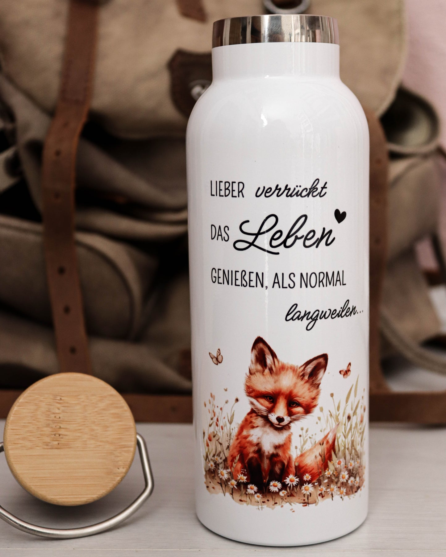 Edelstahl-Trinkflasche "Fuchs" mit Bambusdeckel