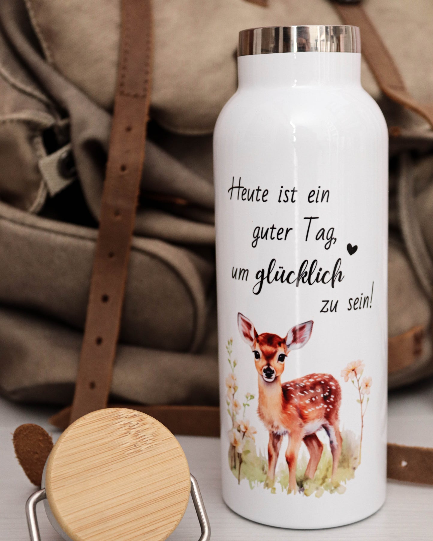 Edelstahl-Trinkflasche "Reh" mit Bambusdeckel
