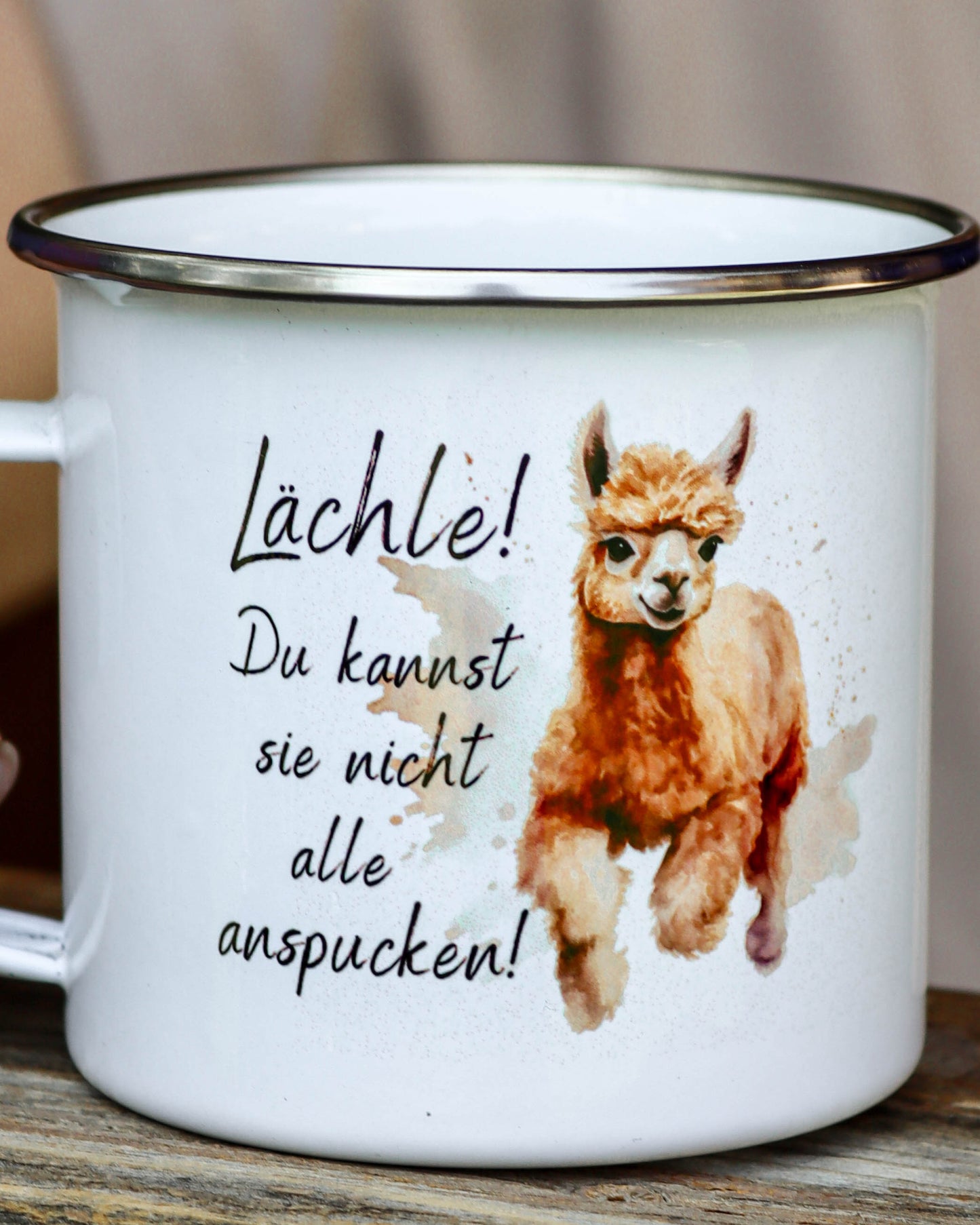 Emailletasse - Alpaka mit lustigem Spruch