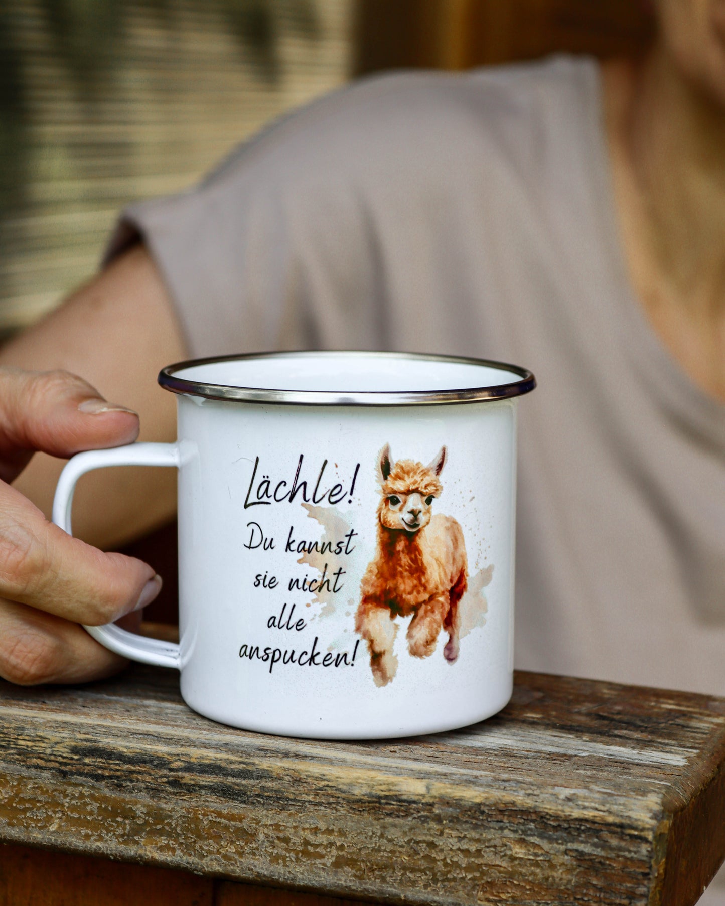 Emailletasse - Alpaka mit lustigem Spruch