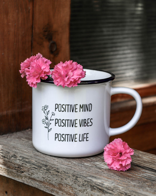 Keramiktasse im Emaillelook - Positive Mind, Positive Vibes, Positive Life