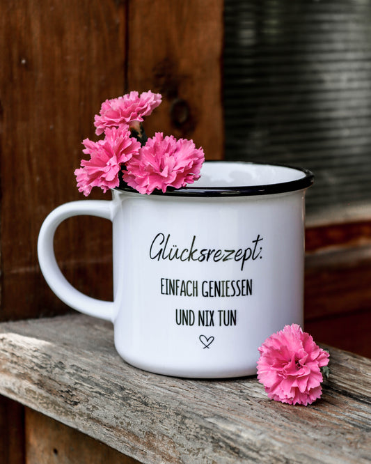Keramiktasse im Emaillelook - Glücksrezept: Einfach genießen & nix tun